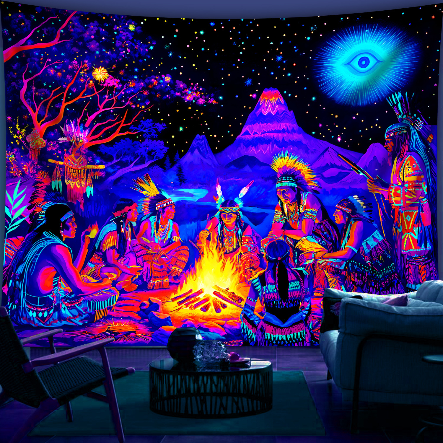 Oversized Vibrant Indian Tribal Tapestry Glows Under Fluorescent Light Fluorescent Aesthetic Prints For Bedroom Office Living Room Party Celebration_voghion.com