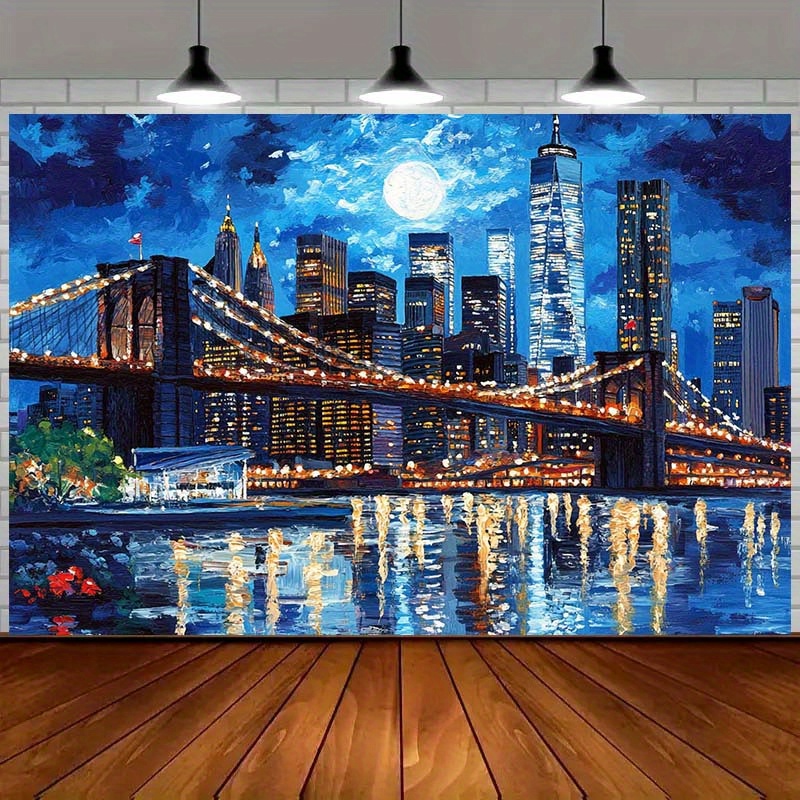 Tapeçaria de parede com o horizonte de Nova York, ponte iluminada e lua cheia, em poliéster, para decoração de festas de aniversário e como pano de fundo para fotografia (1 unidade)._voghion.com