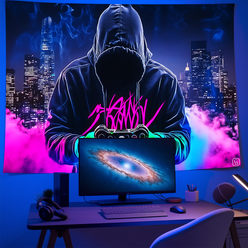 Tapisserie murale fluorescente « Manette de jeu Mysterious Man » (1 pièce), réactive aux UV, sans alimentation, idéale pour chambre, salle de jeux ou bar._voghion.com