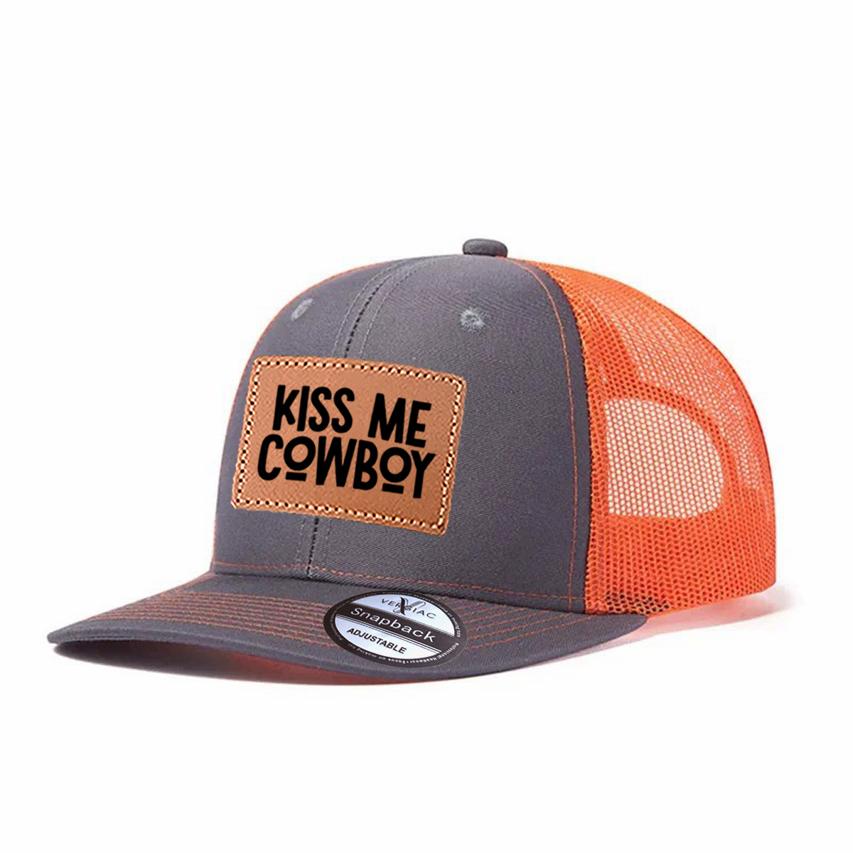 Kiss Me Cowboy Leather Patch Trucker Hat product details