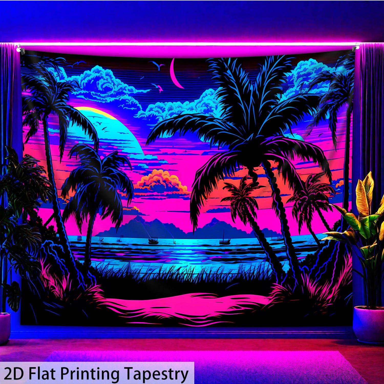 A Large-Sized Fluorescent Printed Tapestry Featuring A Retro Anime Beach Sunset With Neon Palm Trees, Glowing Under UV Light. Suitable For Bedroom_voghion.com