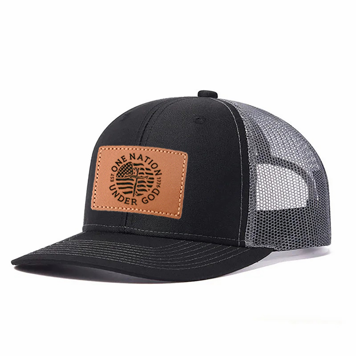 One Nation Under God Leather Patch Trucker Hat product details