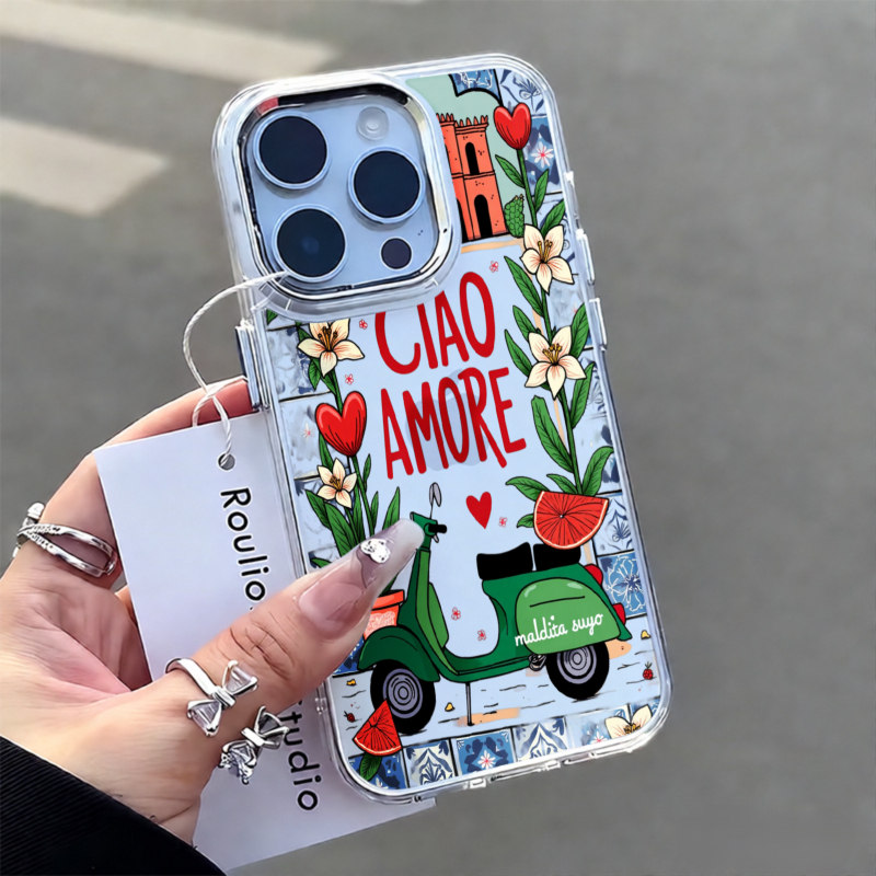 Ciao Amore Handyhülle mit italienischem Roller-Blumenmuster und Metallrahmen, passend für iPhone 17 Pro Max, 17 Pro, 17 Plus, 17, 16 Pro Max, 16 Pro, 16 Plus und 16_voghion.com