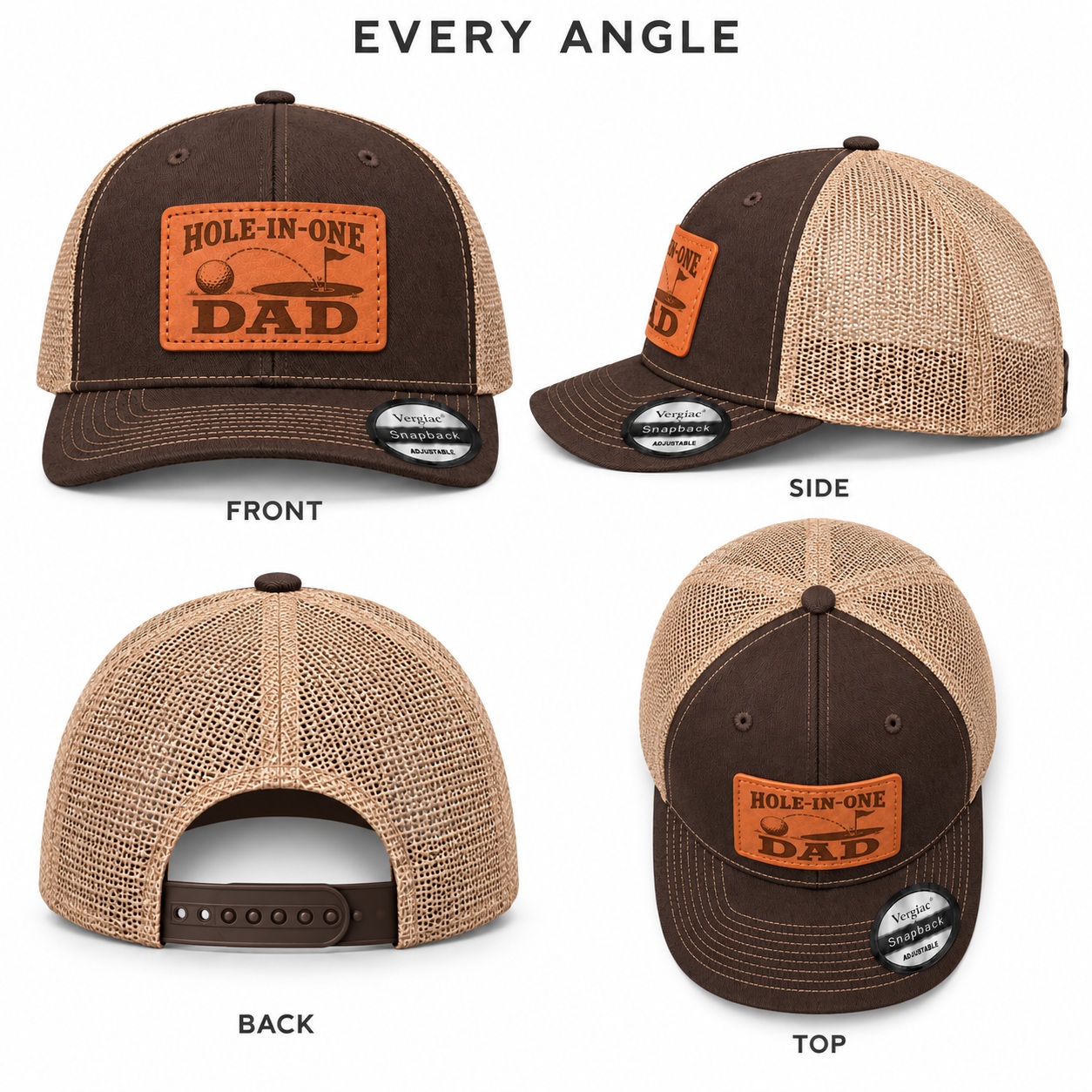 Hole-in-one Dad Golf Hole And Flag Graphic Leather Patch Trucker Hat product details