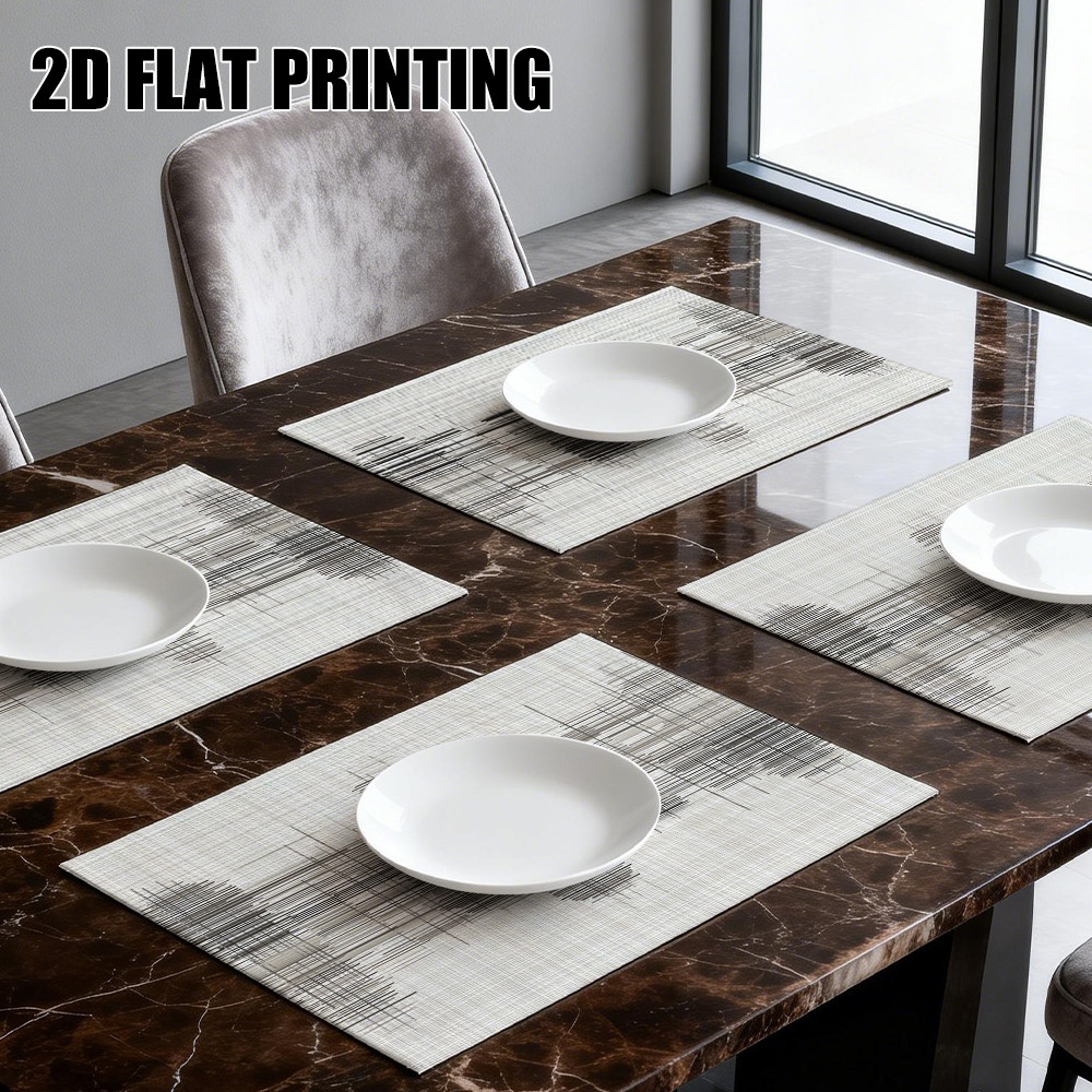 4er-Set Tischsets aus Stoff mit abstraktem, linearem, grauem Skizzenmuster. Elegante rechteckige Tischsets, geeignet für Esszimmer, Küche und als Geschenk._voghion.com