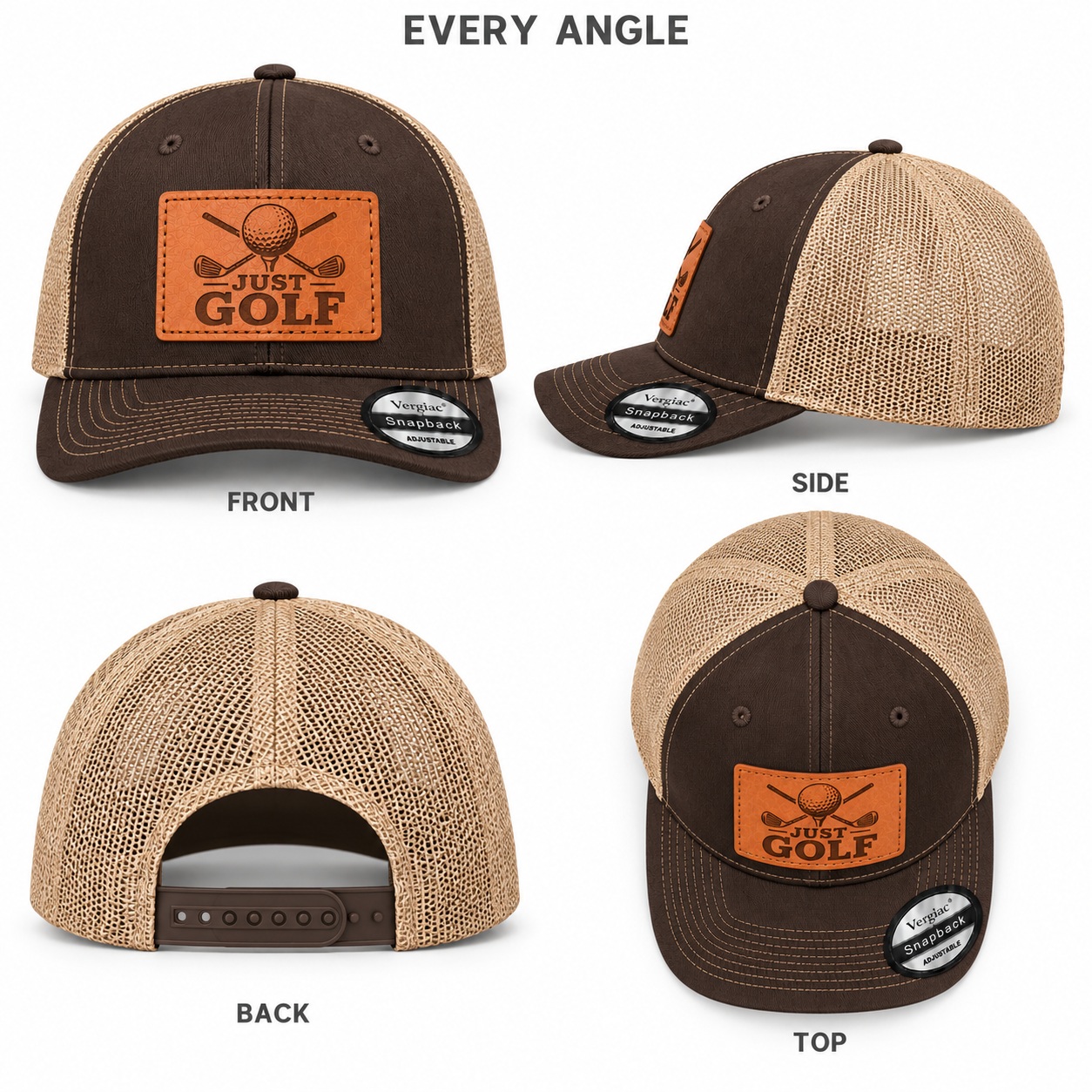Just Golf Golf Club Graphic Leather Patch Trucker Hat product details