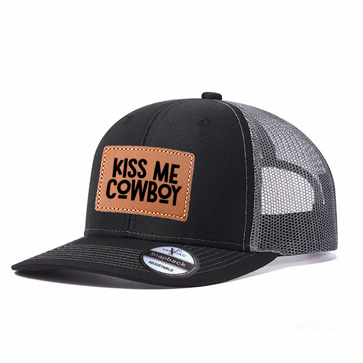 Kiss Me Cowboy Leather Patch Trucker Hat product details