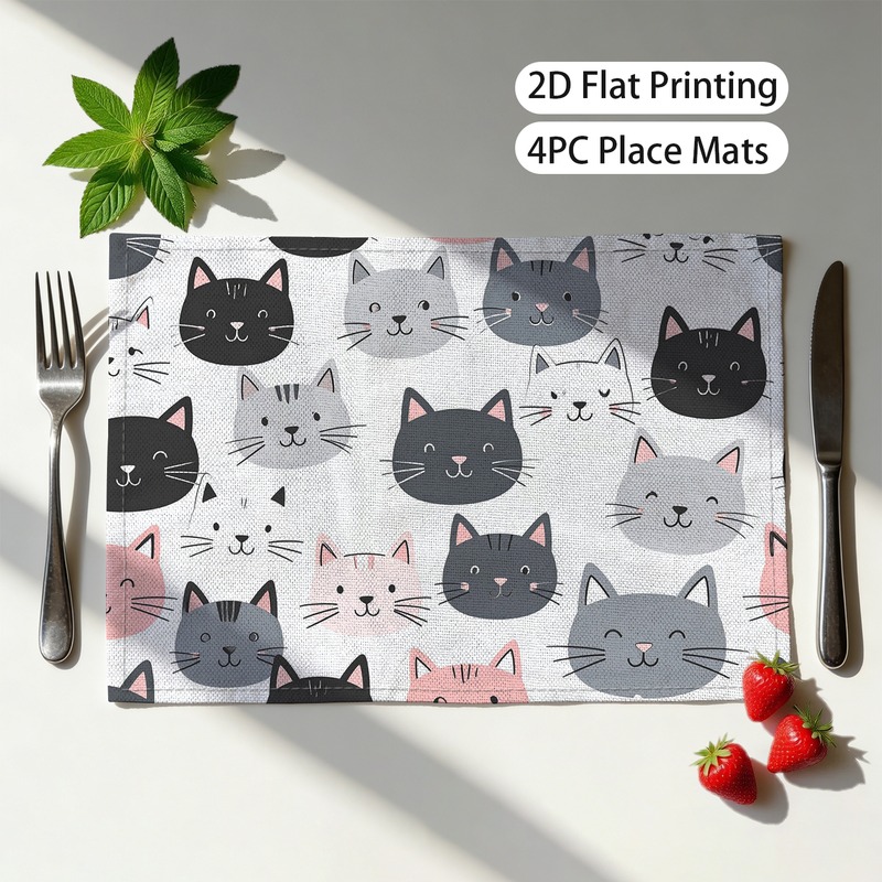 Set van 4 speelse placemats met kattengezichtjes en kattenprint. Een vrolijke, opvallende print, 30 x 45 cm (12 x 18 inch)._voghion.com