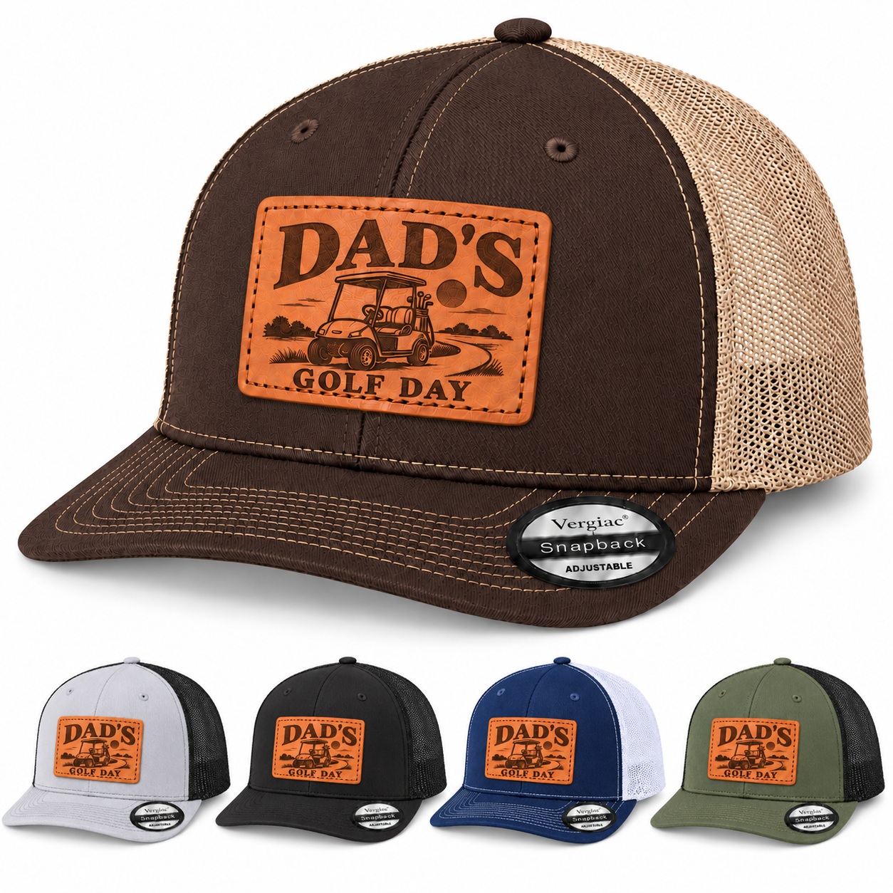 Dad's Golf Day Golf Cart Graphic Leather Patch Trucker Hat product details