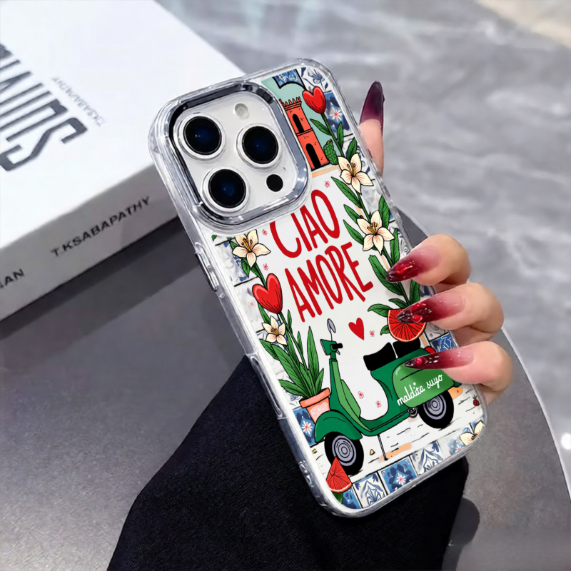 Ciao Amore Handyhülle mit italienischem Roller-Blumenmuster und Metallrahmen, passend für iPhone 17 Pro Max, 17 Pro, 17 Plus, 17, 16 Pro Max, 16 Pro, 16 Plus und 16_voghion.com