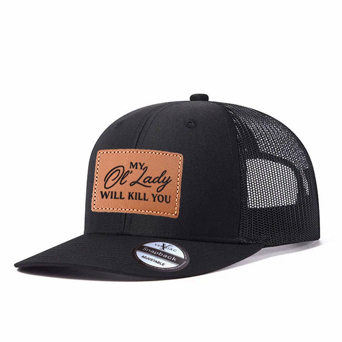 Men Don't Mess With My Lady Leather Patch Trucker Hat product details