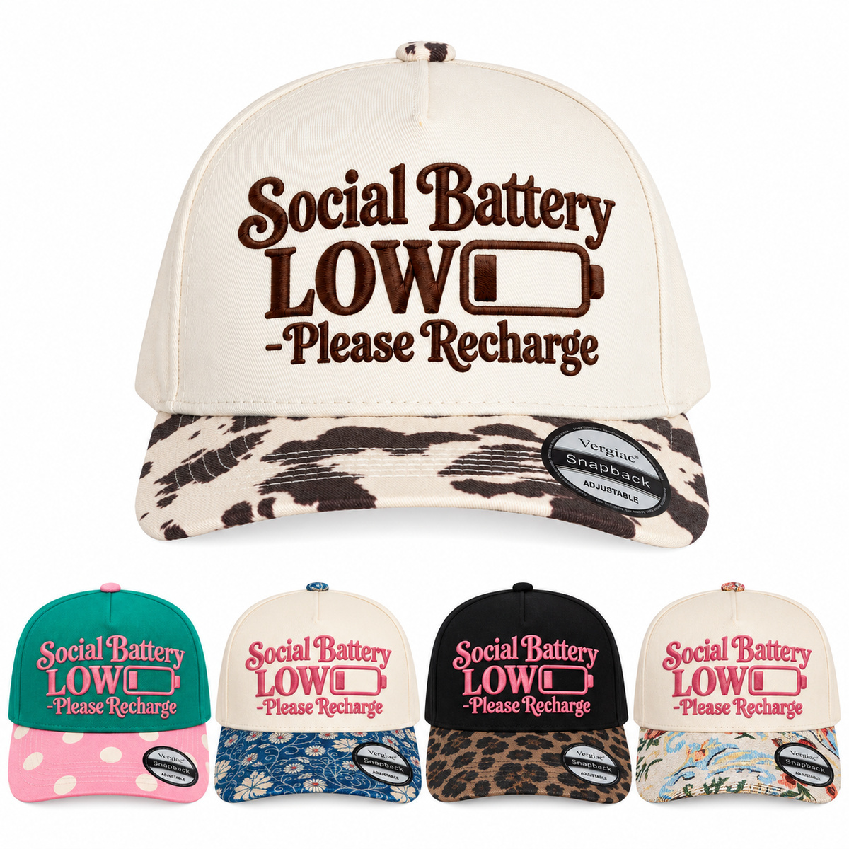 Social Battery Low Please Recharge Battery Graphic 5-Panel Trucker Hat product details
