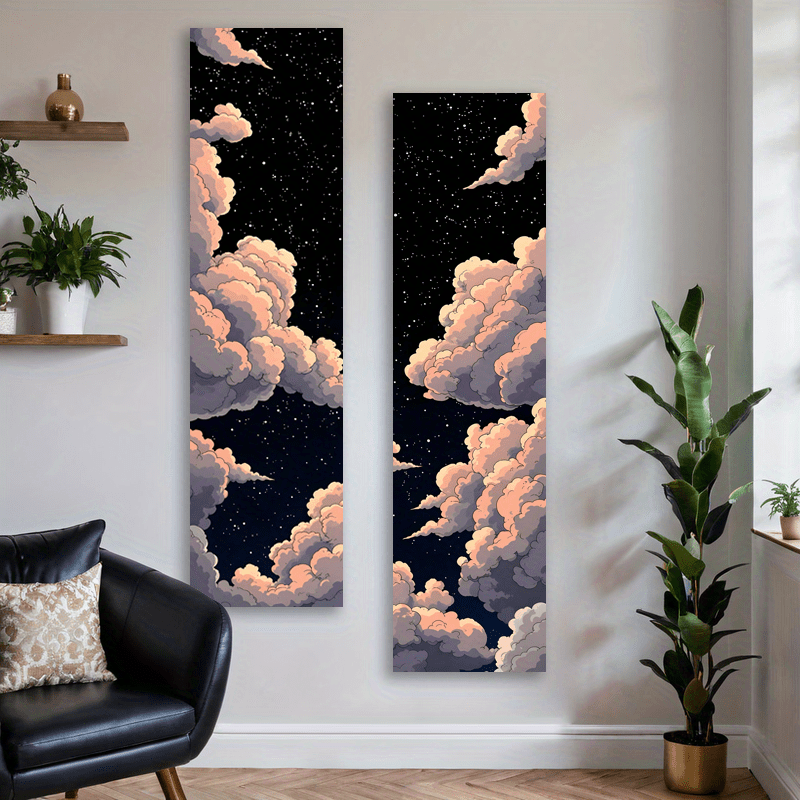 Mysterious Starry Night Sky Vertical Banner Tapestry 2pcs Set Fantastic Clouds Star Landscape Long Narrow Moonlit Aesthetic Art Washable Wall Decor_voghion.com