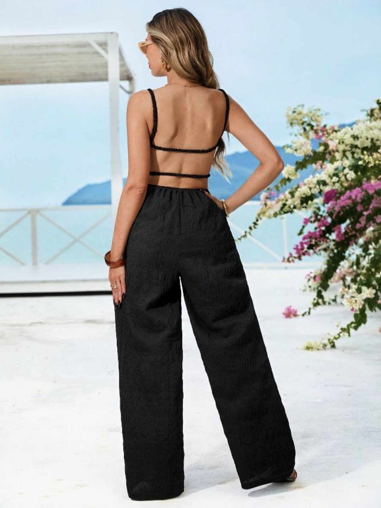 Holiday Style Women's Waist Suspender Jumpsuit, Thin And Breathable, Solid Color, Suspender Wide Legs, Travel_ecoleips.com