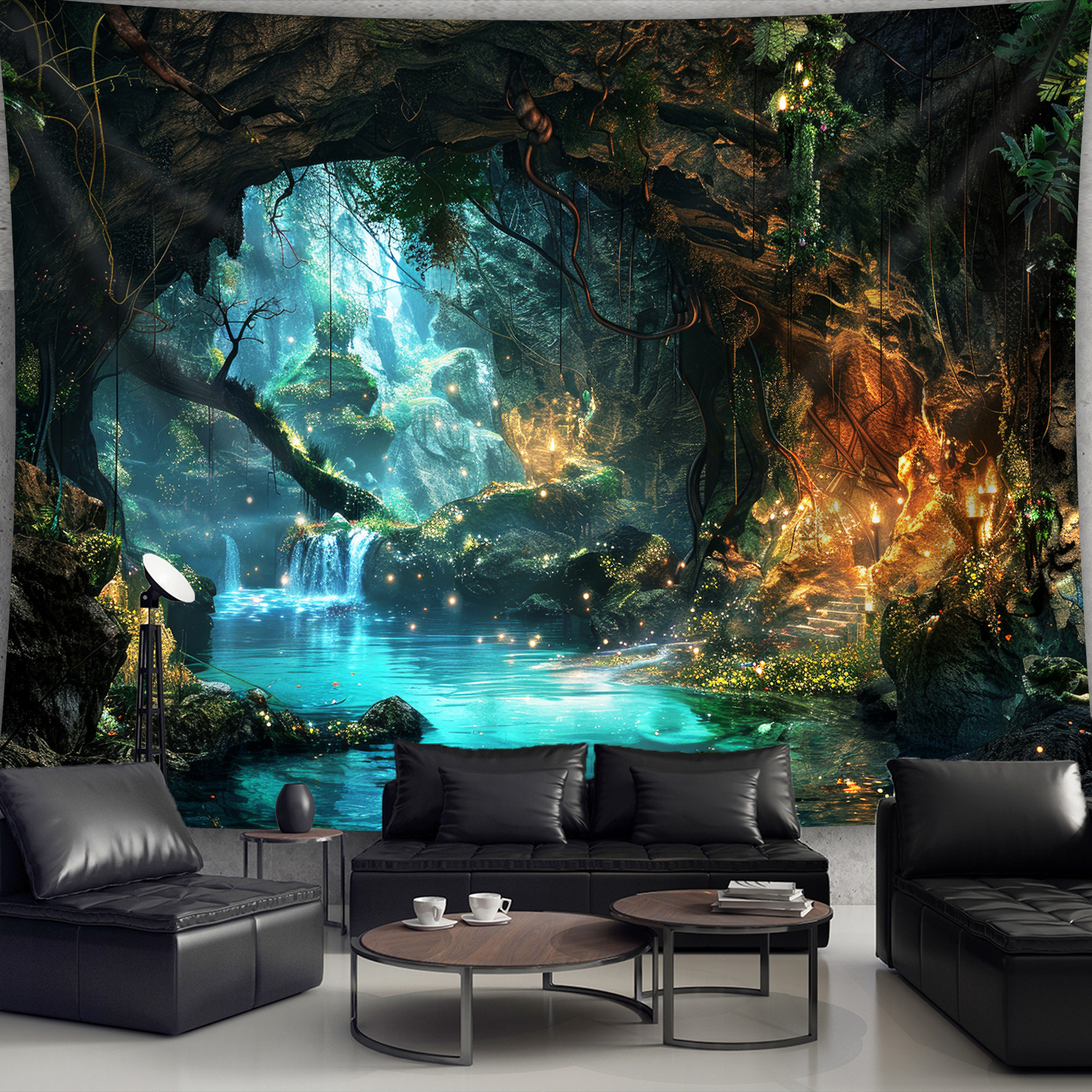 1 tapisserie murale extra large en polyester, imprimée numériquement, représentant un paysage fantastique d'arbres et de grottes, idéale pour le salon, la chambre ou une fête._voghion.com