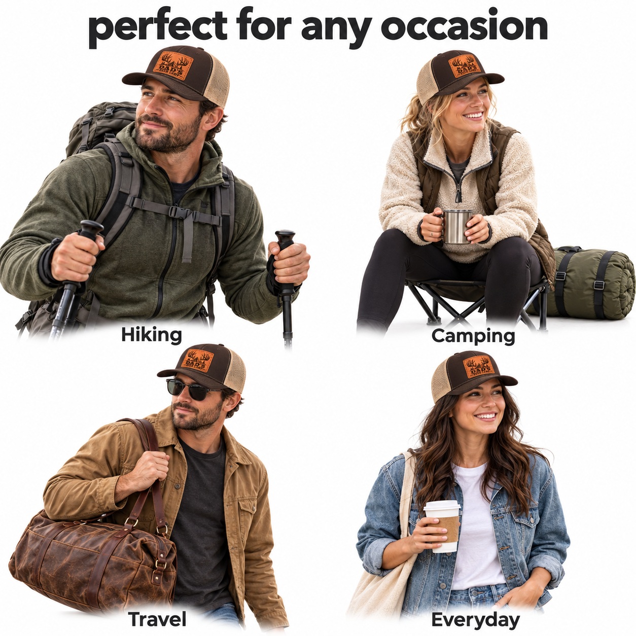Dad's Deer Camp Antler And Tent Graphic Leather Patch Trucker Hat product details