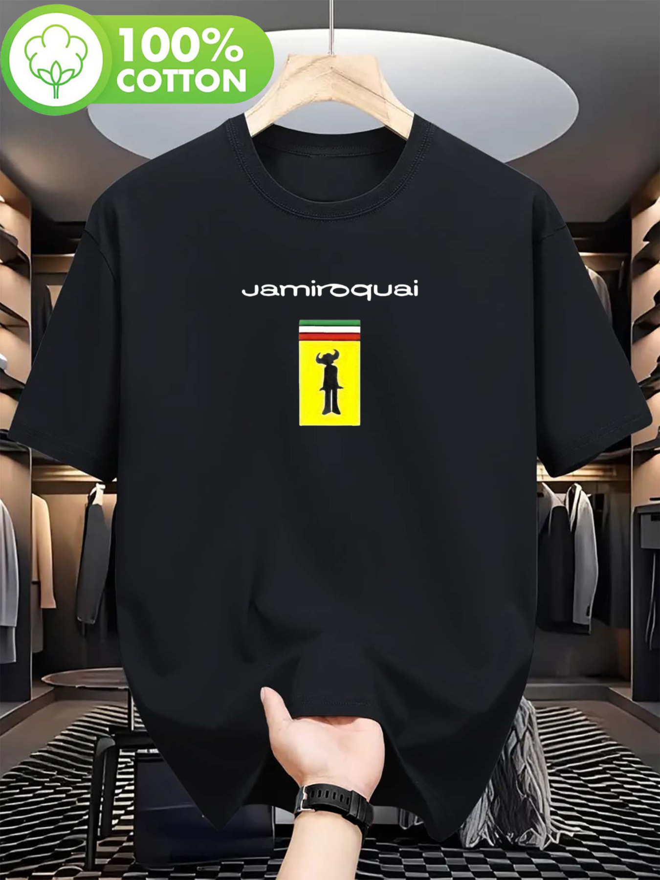 Maglietta Uomo Nera 100% Cotone 180g Girocollo, Stampa Jamiroquai Strisce Giallo Rosso, Tessuto Liscio Streetwear Per Tutte Le Stagioni_viptrois.com