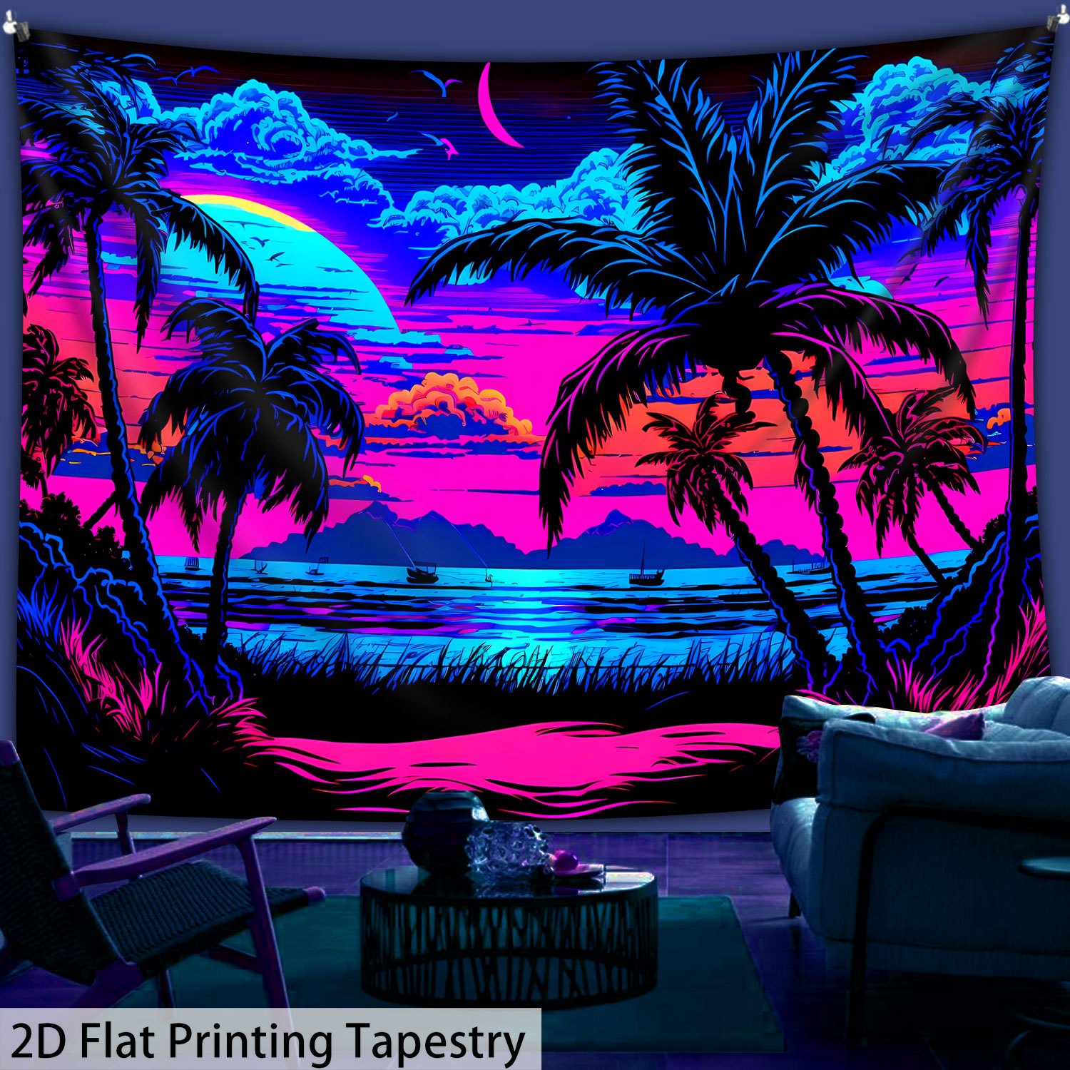A Large-Sized Fluorescent Printed Tapestry Featuring A Retro Anime Beach Sunset With Neon Palm Trees, Glowing Under UV Light. Suitable For Bedroom_voghion.com