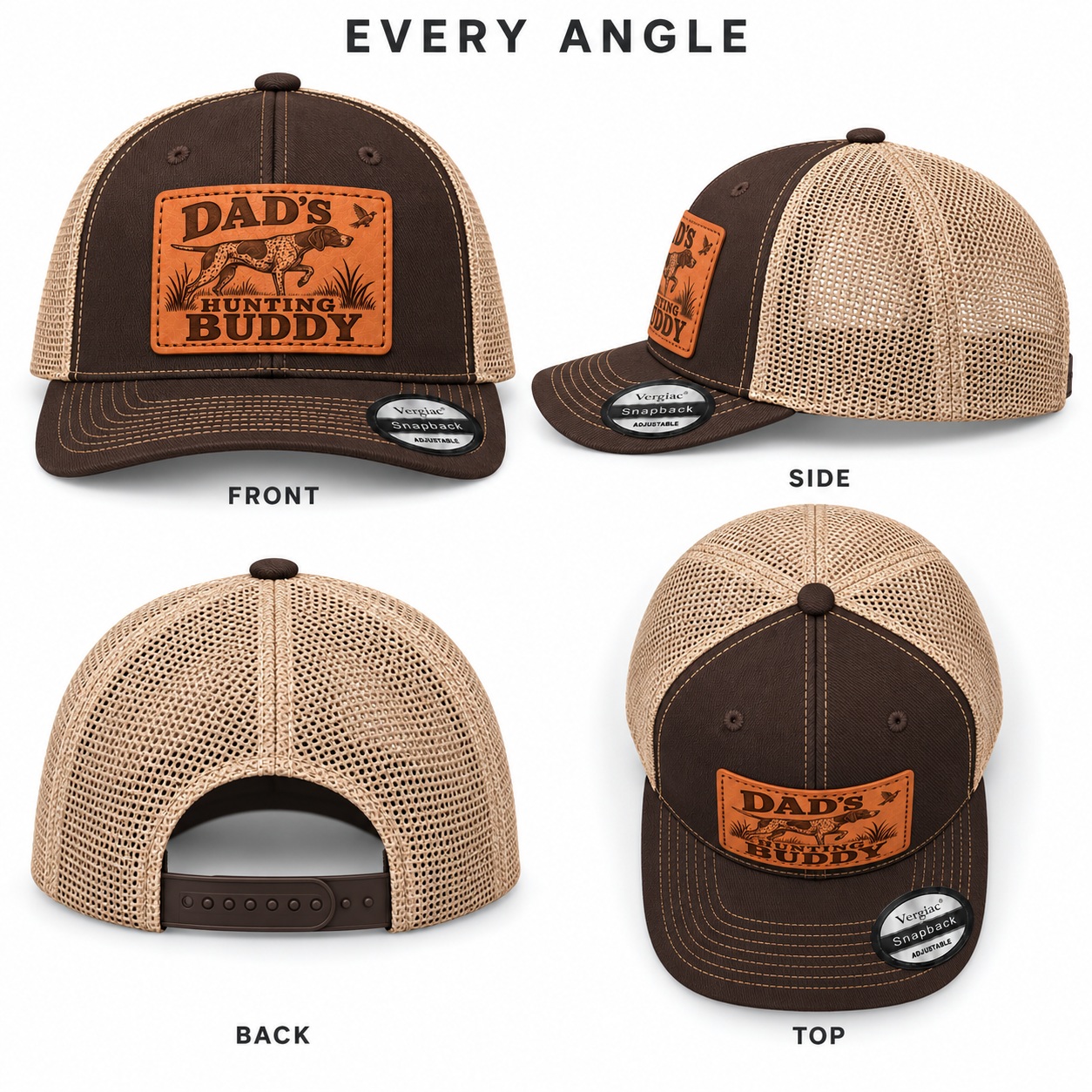 Dad's Hunting Buddy Hunting Dog And Bird Graphic Leather Patch Trucker Hat product details