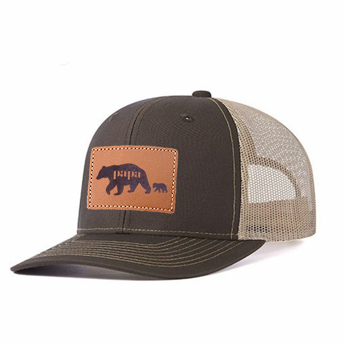 Papa Bear Leather Patch Trucker Hat product details