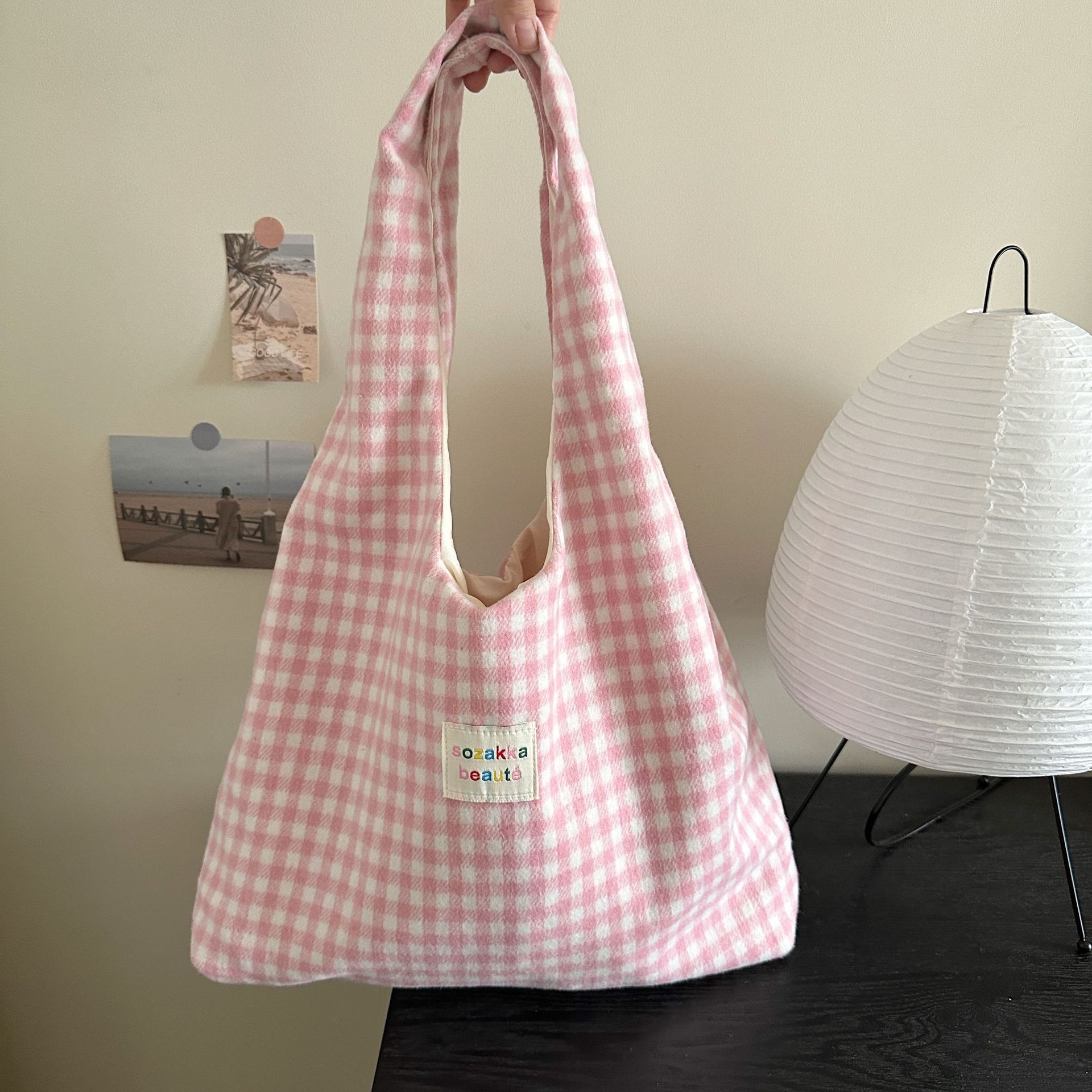 Korean Ins Sweet Pink Gingham Hobo Tote Bag Soft Fabric Letter Patch Large Capacity Ladies Campus Casual Shoulder Purse_voghion.com