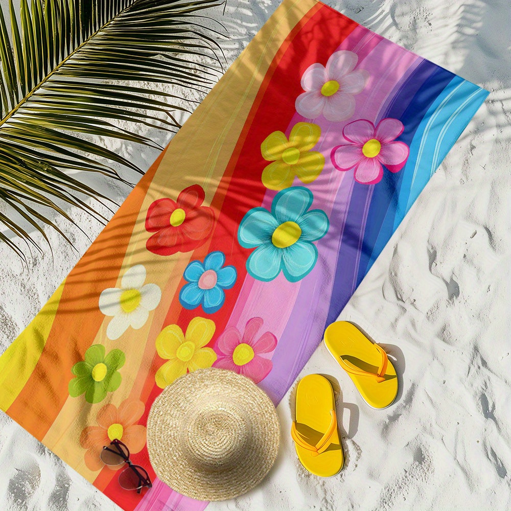 1pc Of Oversized Quick-Drying Beach Towel - Highly Absorbent, Soft, Ideal For Pool, Traveling, And Camping - Featuring A Floral And Striped Pattern_voghion.com