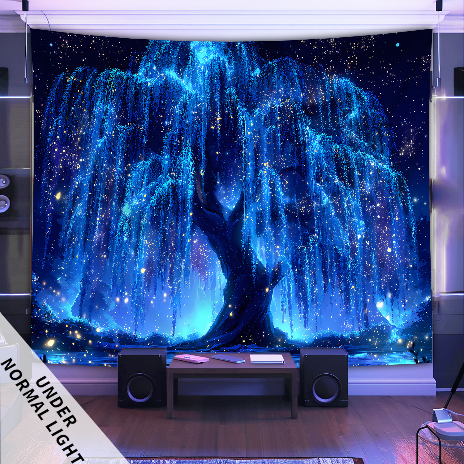 Brilliant Starry Sky Tree Of Life - Glows Under Fluorescent Light - Fluorescent Printed Tapestry, Bedroom Aesthetic Hanging Tapestry_voghion.com