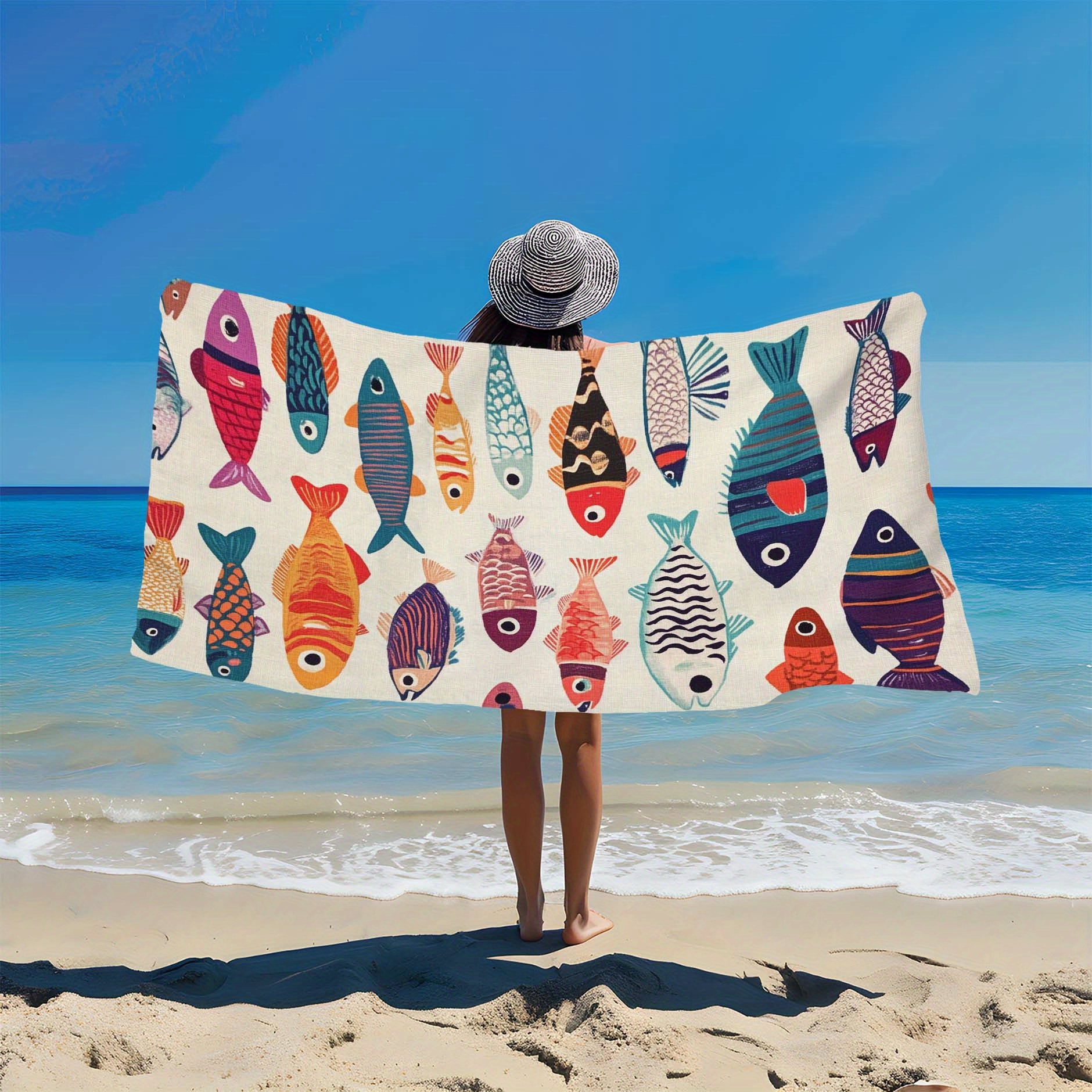 1 toalla de playa con estampado de peces vibrantes, suave, ligera, resistente a la arena, de microfibra ultra absorbente, ideal para viajes, natación, surf, yoga, camping y playa._voghion.com