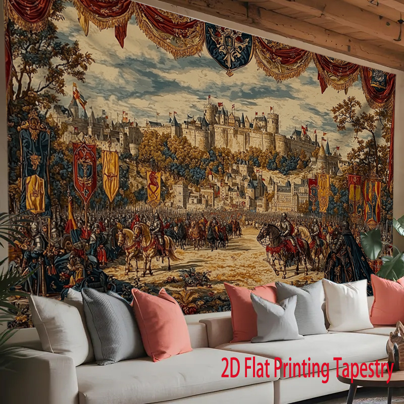 Vintage Aesthetic Medieval Castle Tournament Knight Jousting 2D Flat Printing Tapestry Polyester Wall Hanging Decor For Home Living Room Bedroom_voghion.com