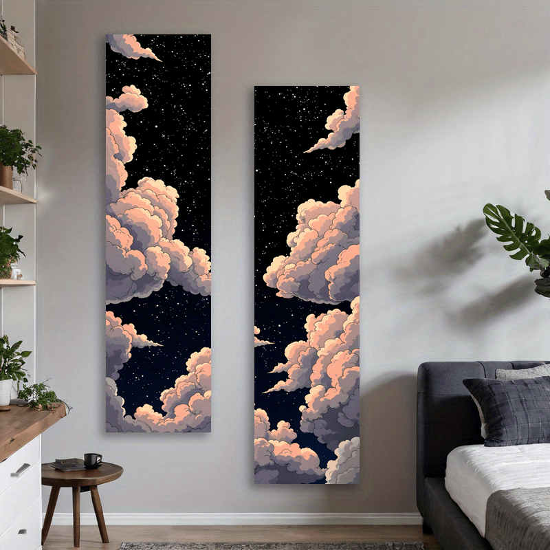 Mysterious Starry Night Sky Vertical Banner Tapestry 2pcs Set Fantastic Clouds Star Landscape Long Narrow Moonlit Aesthetic Art Washable Wall Decor_voghion.com