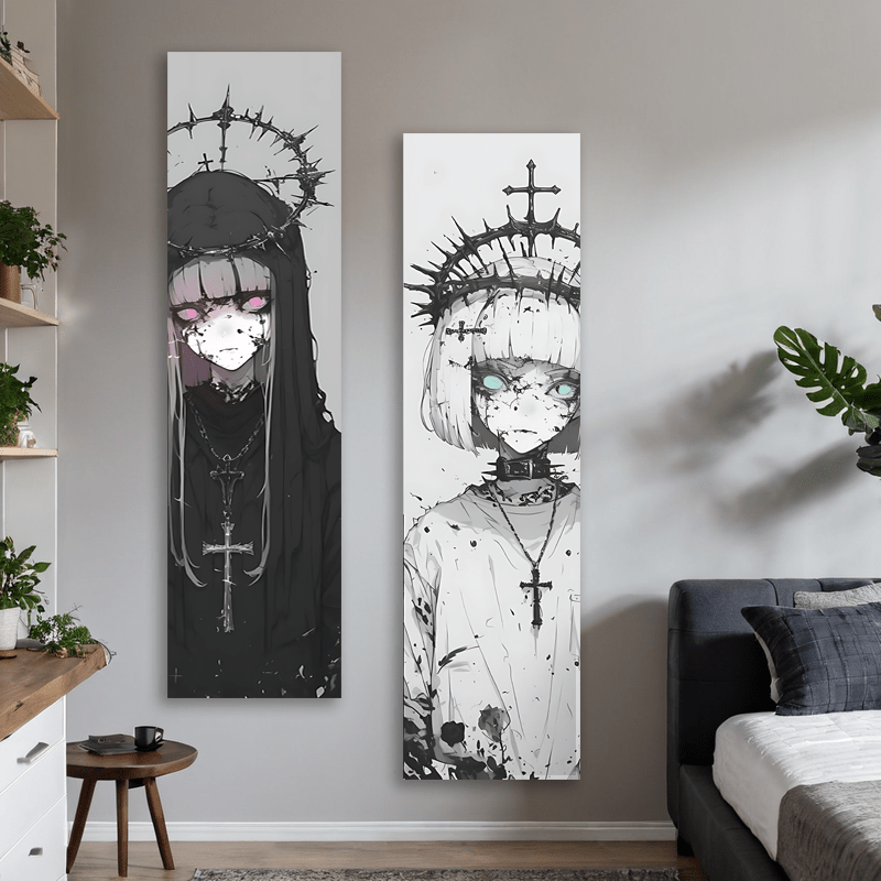 Unikalny projekt gotyckiej dziewczyny z anime, obszyte brzegi, wytrzymały poliester, ciemne, estetyczne, turkusowe oczy, dekoracja ścienna do domu i akademika_voghion.com