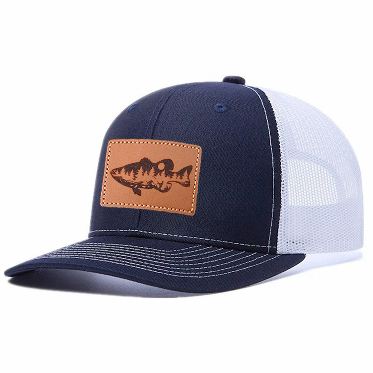 Largemouth Bass Scene Leather Patch Trucker Hat product details