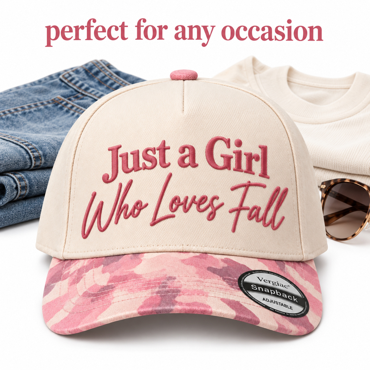 Just A Girl Who Loves Fall Fall-themed 5-Panel Trucker Hat product details
