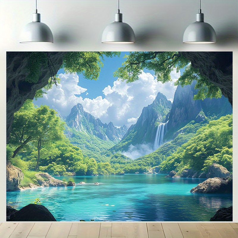 1pc Extra Large Natural Tapestry Tropical Waterfall Lush Greenery Blue Waters Easy Hang No Installation For Living Room Bedroom Party Background_voghion.com