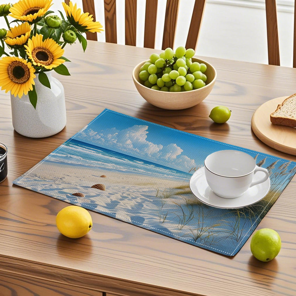 Ensemble de 4 sets de table turquoise et blancs à motif plage côtière - Vagues, coquillages et empreintes de pas réalistes, texture bleu clair et sable_voghion.com