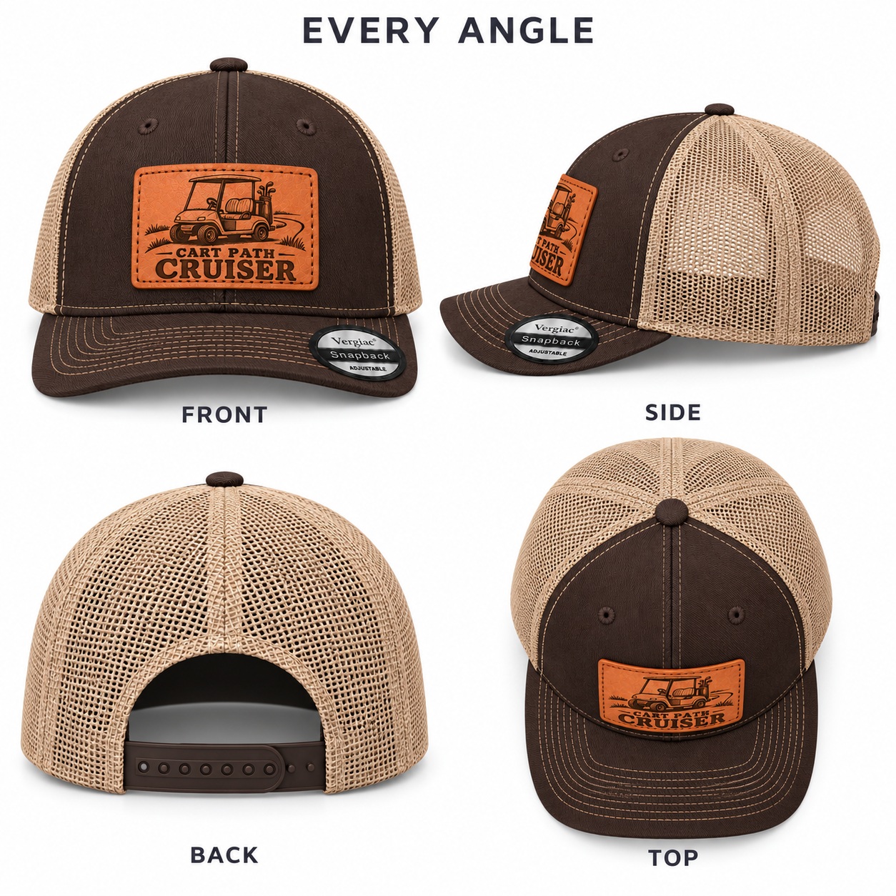 Cart Path Cruiser Golf Cart Graphic Leather Patch Trucker Hat product details