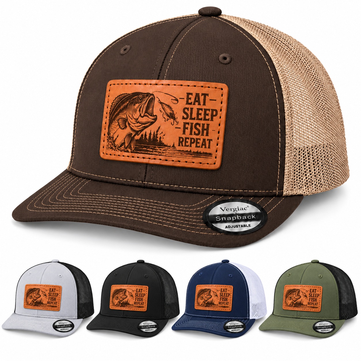 Eat Sleep Fish Repeat Leather Patch Trucker Hat product details