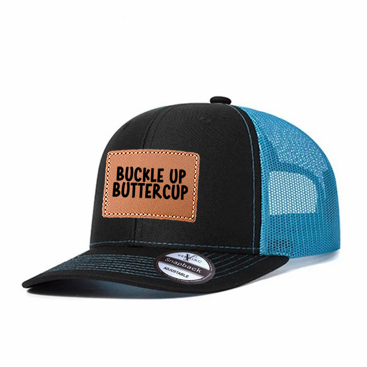 Buckle Up Buttercup Leather Patch Trucker Hat product details