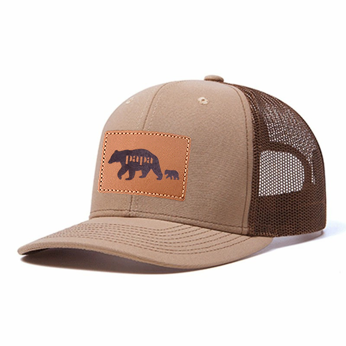 Papa Bear Leather Patch Trucker Hat product details