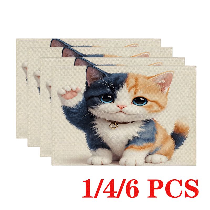 1/4/6 rechteckige Platzsets – 30,48 x 45,72 cm, Untersetzer mit Katzenmotiven und niedlichen 2D-Cartoon-Elementen, strapazierfähige und waschbare Tischsets aus Polyester_voghion.com