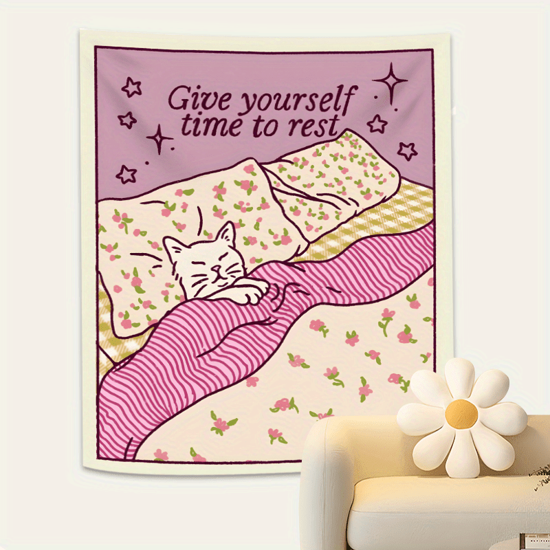 Durable Fade Resistant Polyester Chic Pink Cat Tapestry Inspirational Quote Cozy Floral Striped Design Versatile Wall Decor Bedroom Living Room Dorm_voghion.com