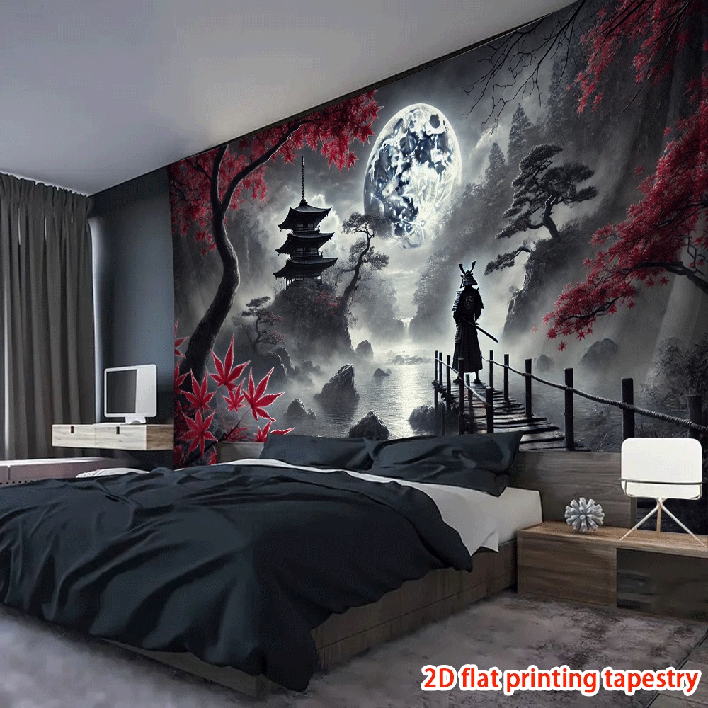Samurai Under Moon Wall Hanging Tapestry 1 Piece Home Decor Tapestry For Living Room Bedroom Dorm Office Background Holiday Gift Indoor Outdoor_voghion.com