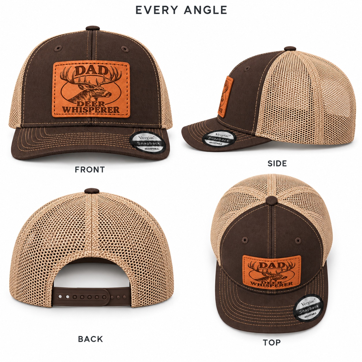Dad Deer Whisperer Stag Head Graphic Leather Patch Trucker Hat product details