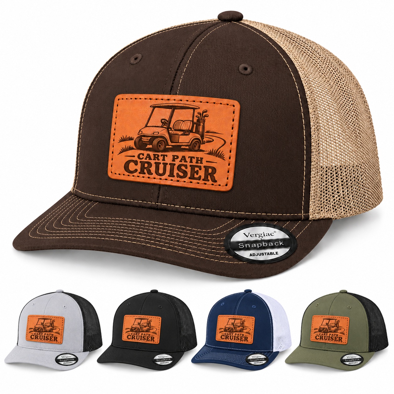 Cart Path Cruiser Golf Cart Graphic Leather Patch Trucker Hat product details