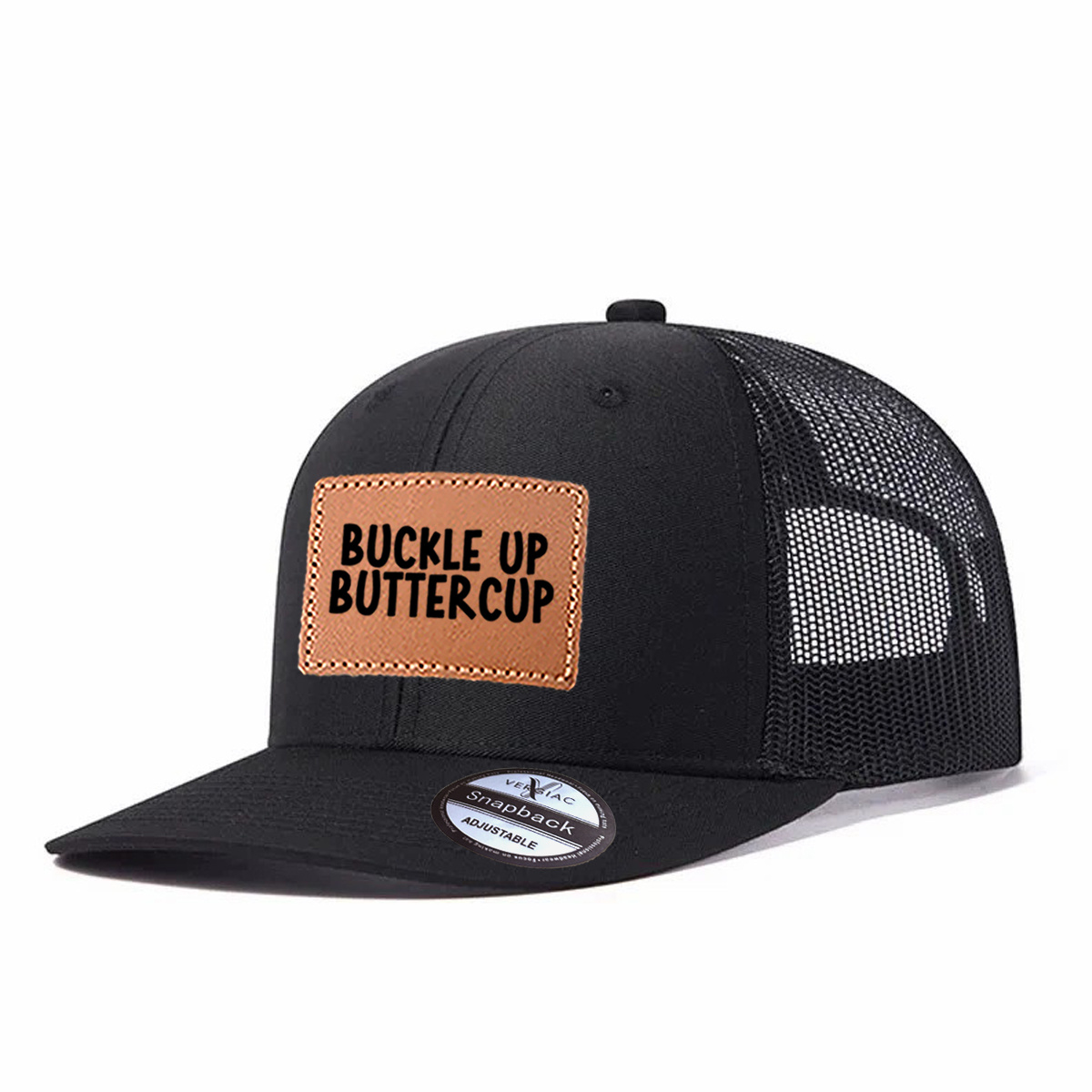 Buckle Up Buttercup Leather Patch Trucker Hat product details
