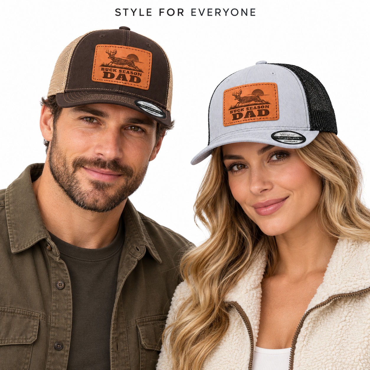Buck Season Dad Stag Graphic Leather Patch Trucker Hat product details