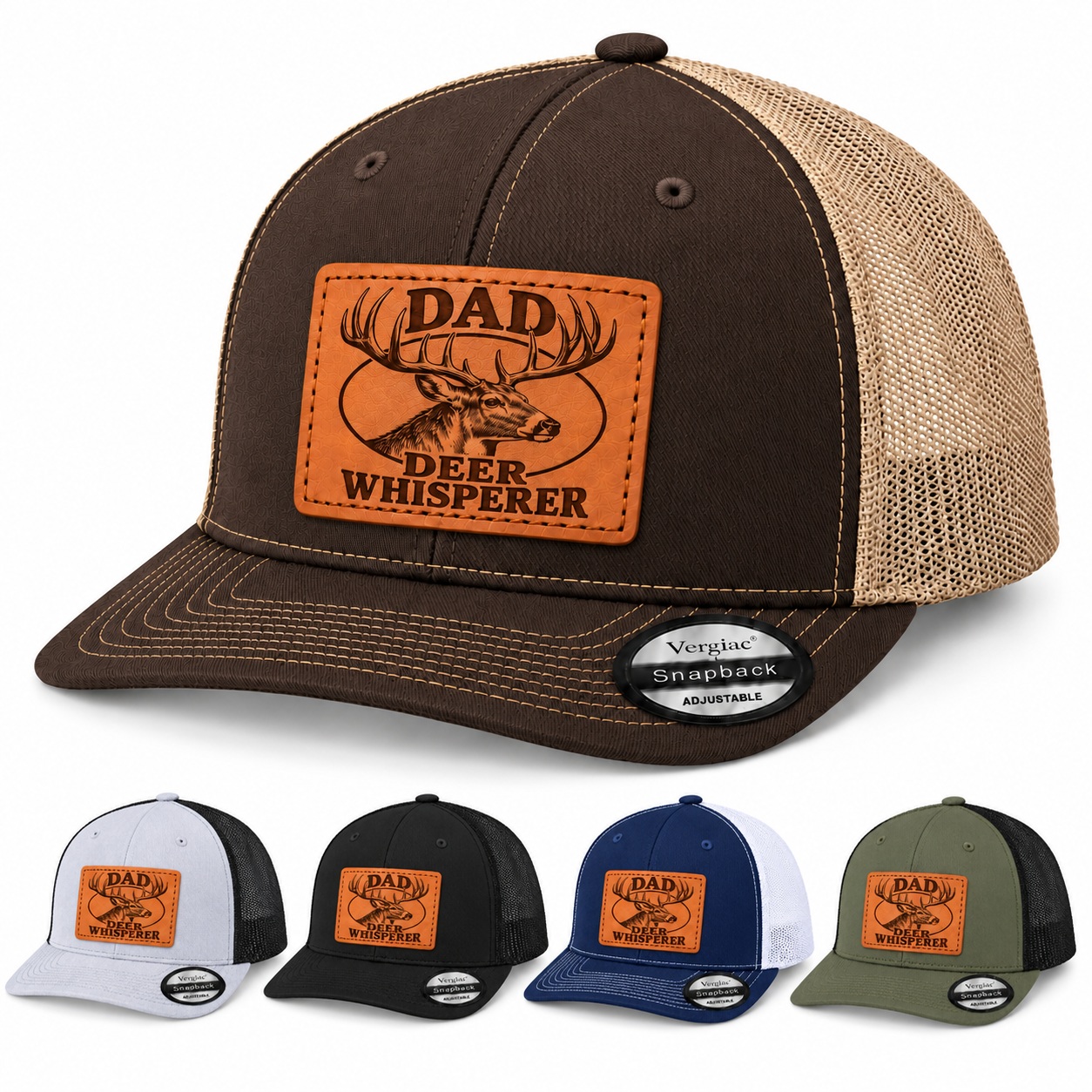 Dad Deer Whisperer Stag Head Graphic Leather Patch Trucker Hat product details