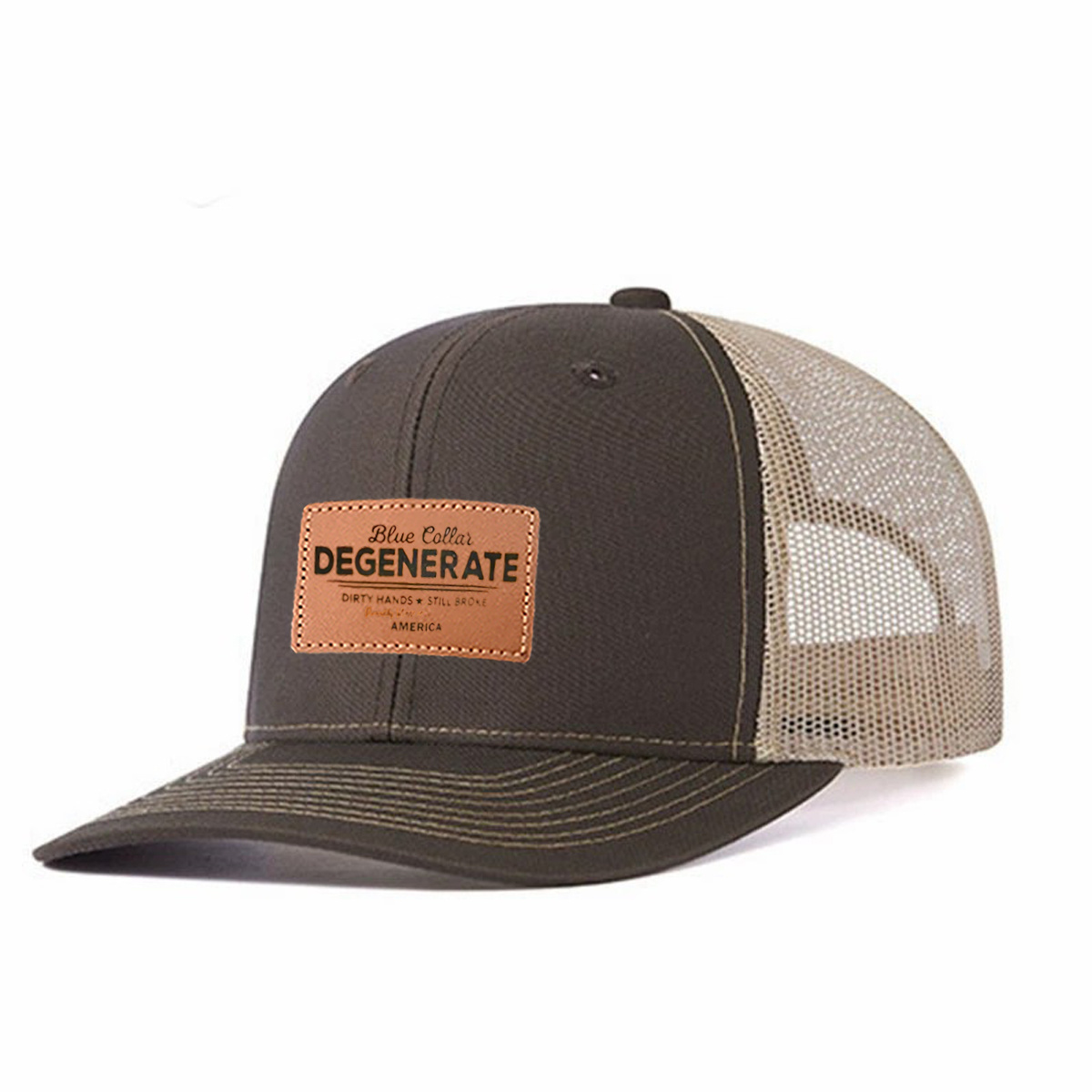 Blue Collar Degenerate Leather Patch Trucker Hat product details
