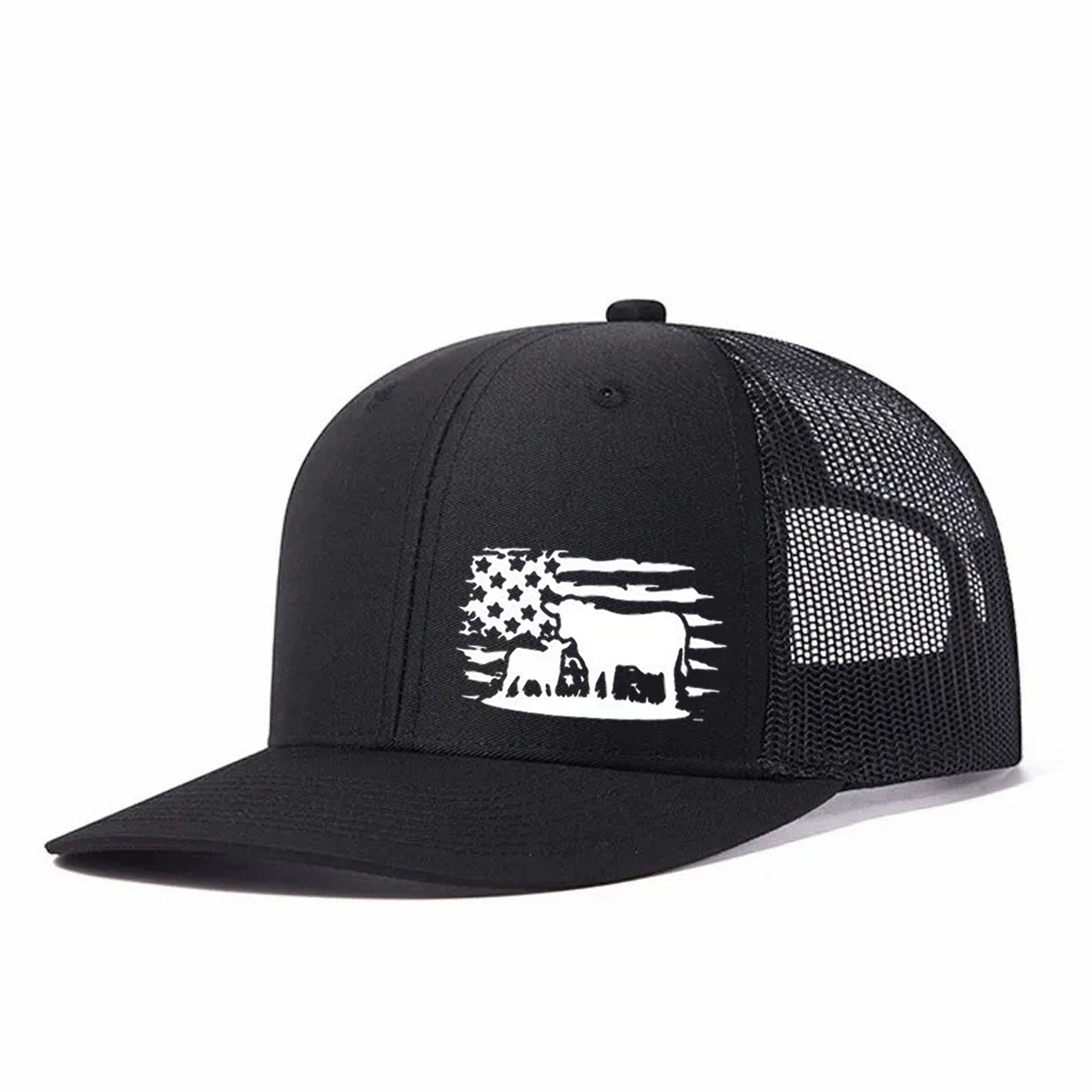 American Flag And Cattle Silhouette Leather Patch Trucker Hat product details
