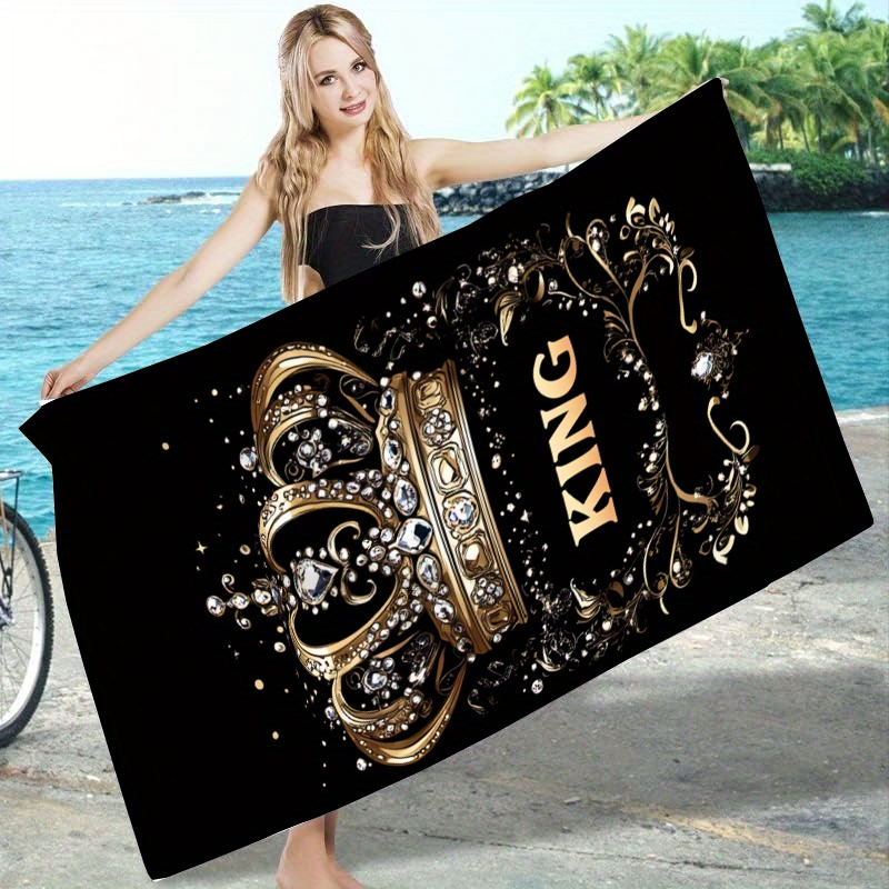 Set Two King Queen Crowns Quick Dry Beach Towels Couples Soft Durable Polyester Microfiber Absorbent Lightweight Coastal Style Summer Beach Essential_voghion.com